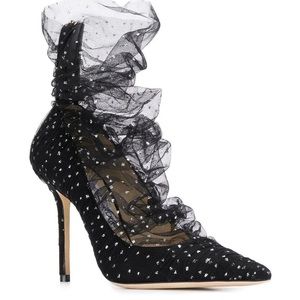 jimmy choo lavish 100 size 37.5 black/black/silver sided w/glitter tulle(new)